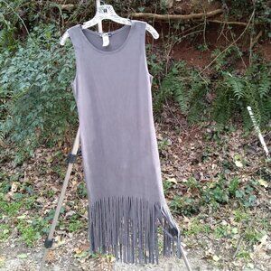 Cleo Unique Vintage Grey Faux Suede Fringed Maxi Sheath Dress Sz L
